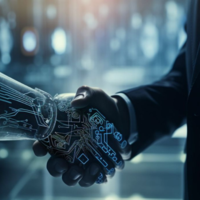 Handschlag einer Roboterhand mit einer Menschenhand